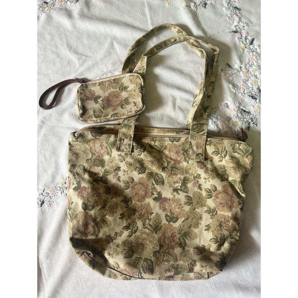 Beige Rose And Floral Weekender Bag With Matching Pouch Cotton